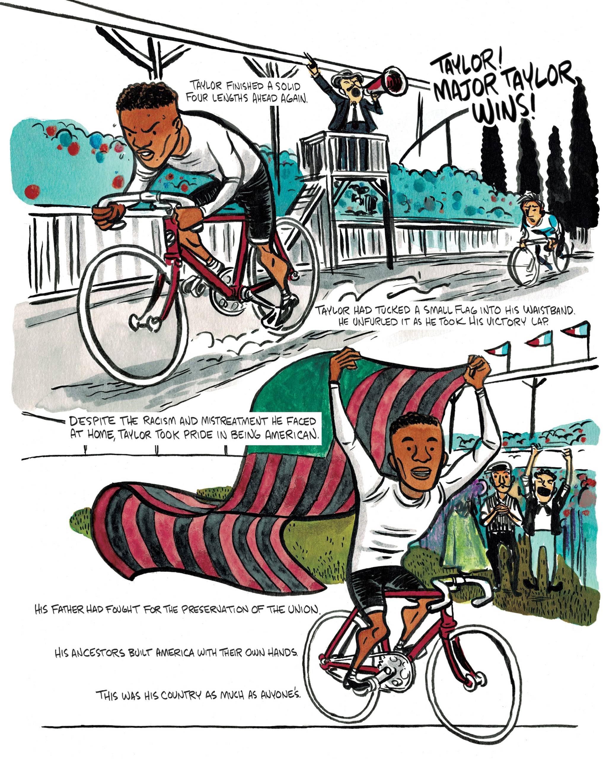 An illustrated page shows a young Black man determinedly cycling in a race on a tree-lined road. A second panel shows him cycling with an American flag raised above his head, as crowds cheer him across the finish line.