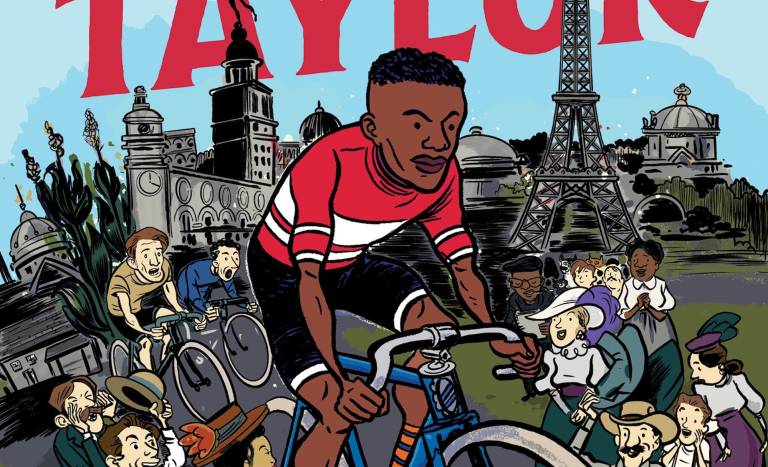 A book cover featuring an illustrated scene of a young Black man on a bicycle with a trail of other riders behind him. In the background are city monuments including the Eiffel Tower.