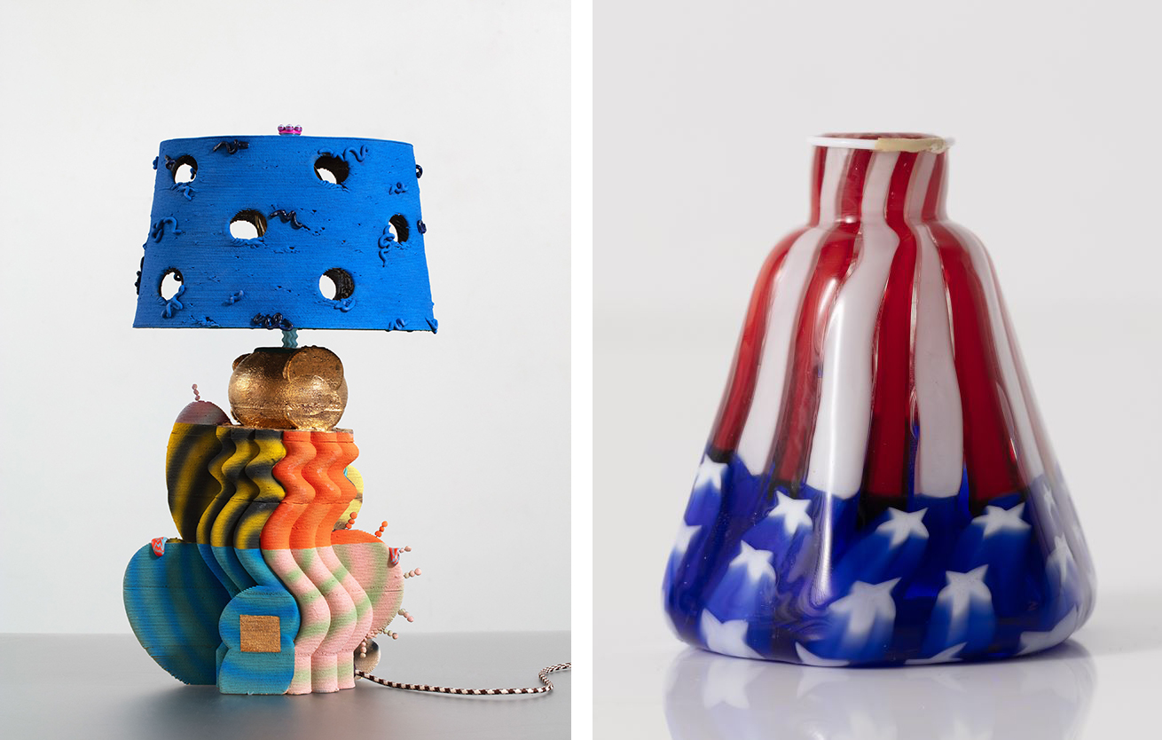 colorful wacky shaped table lamp with blue shade, blown glass vase with stars and stripes