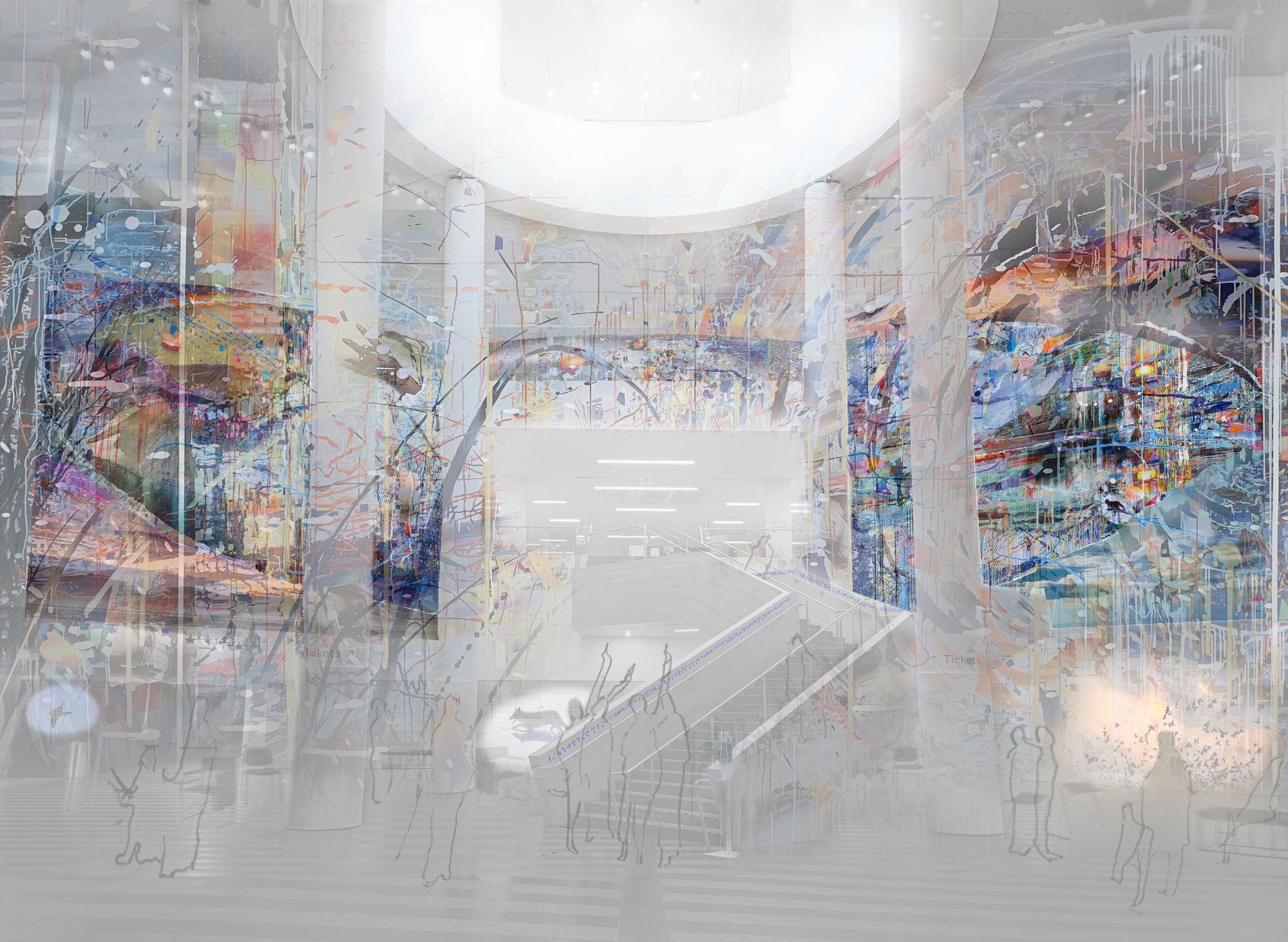 swirling lines and shapes in architectural space, small figures point up