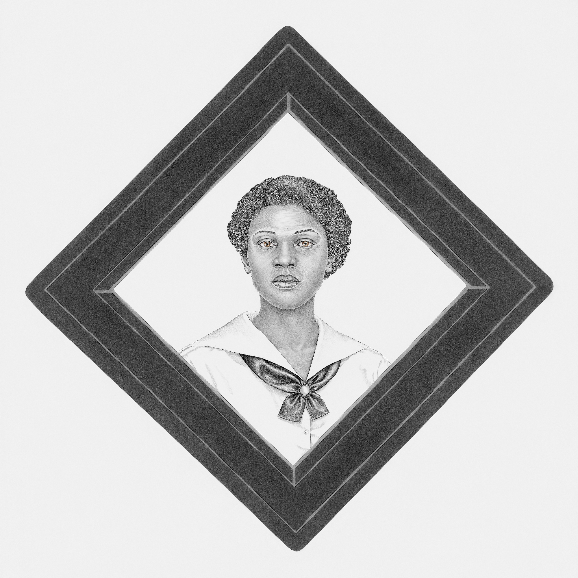 graphite portrait of Black woman in diamond-shaped frame