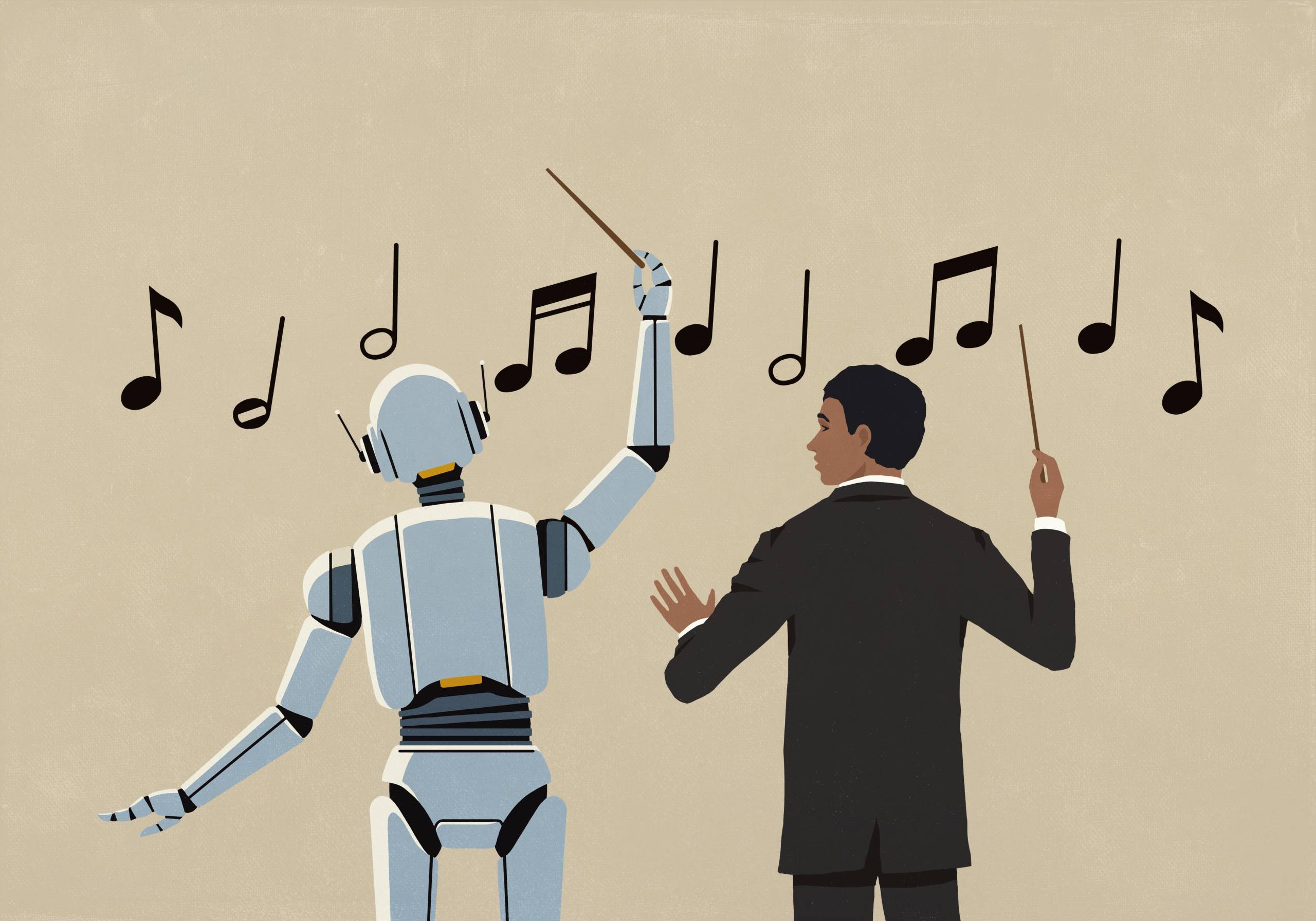 Illustration depicting a music conductor standing on the right and a humanoid robot standing on the left, both with their backs to the viewer. Each is holding a conducting baton, and a string of musical notes is floating in front of them.