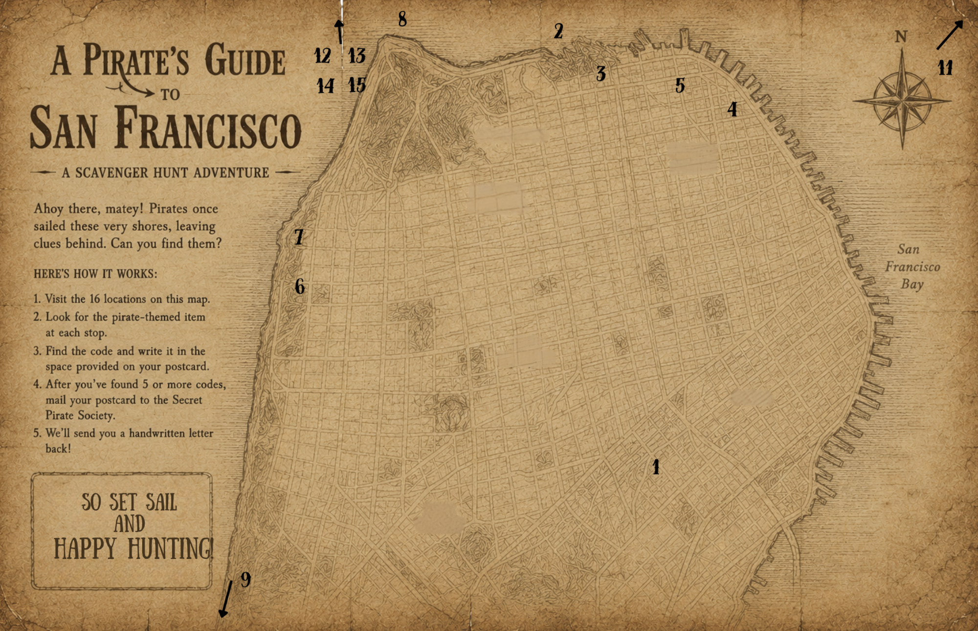 A yellowed map of San Francisco marked by a series of numbers, mostly around the coastline.