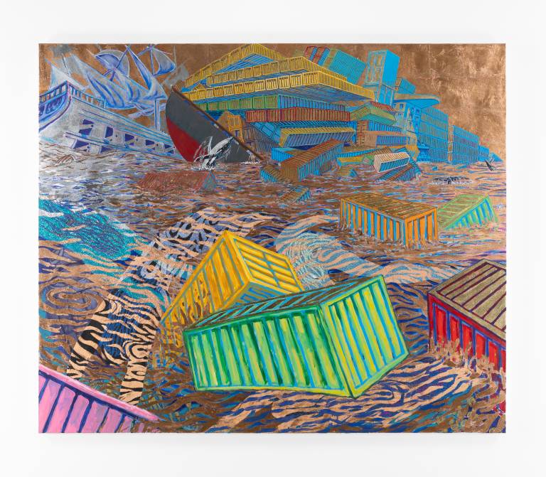 dynamic painting of containers falling into ocean from cargo ship