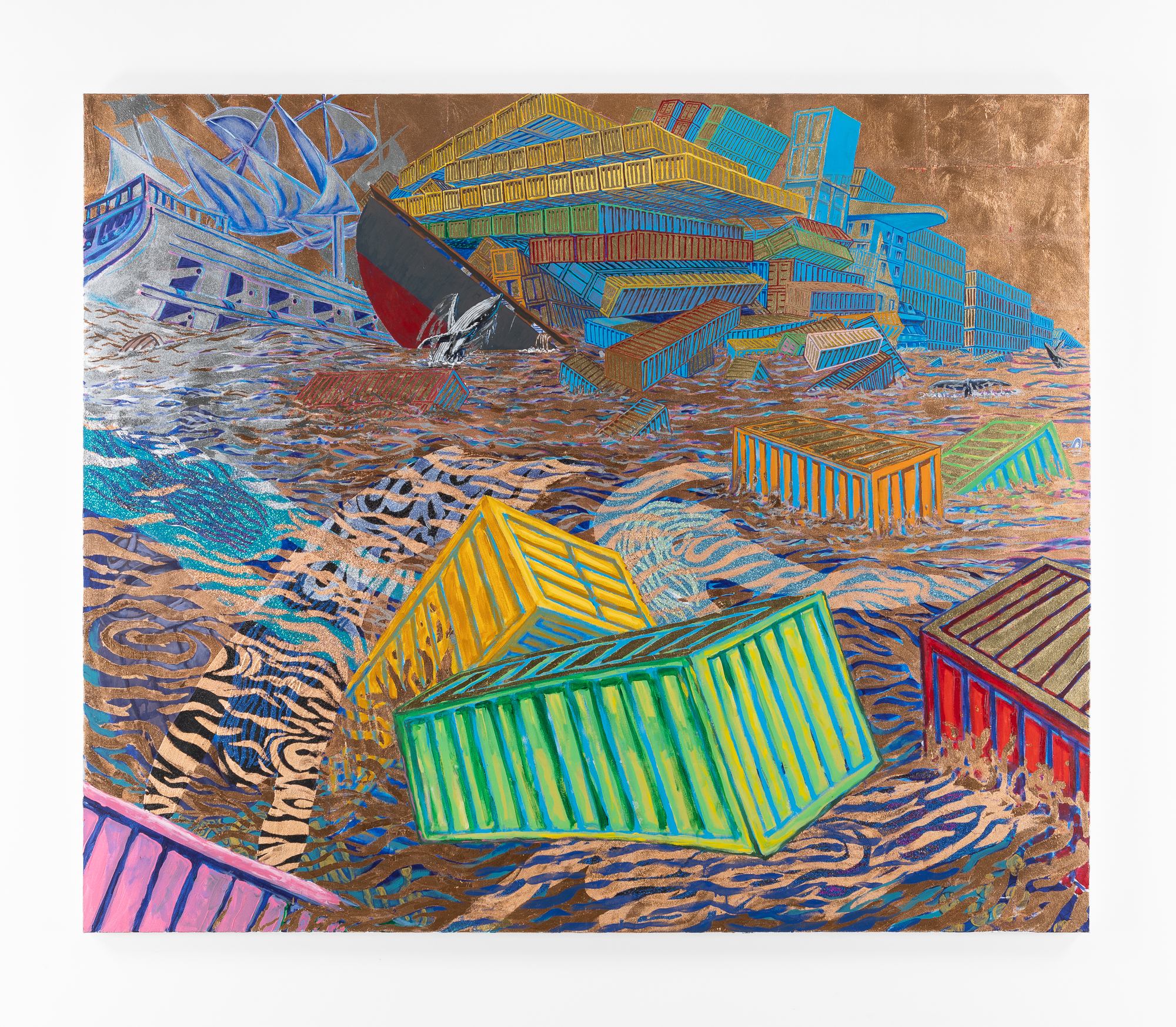 dynamic painting of containers falling into ocean from cargo ship