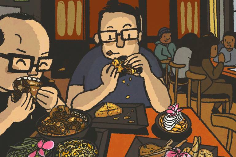Illustration Two men dig into an abundant spread of braised oxtails and other soul food dishes.