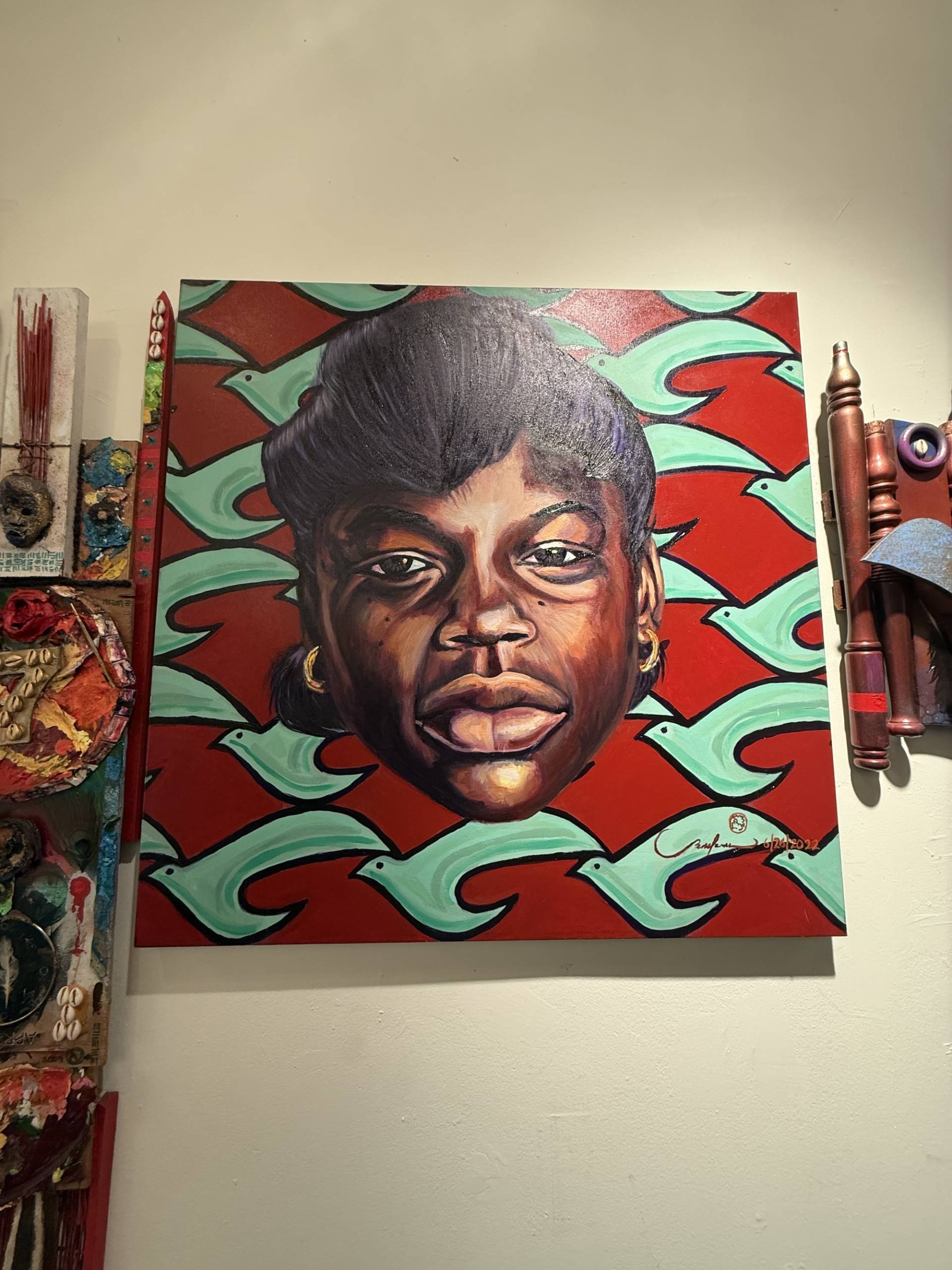 A painting of a stoic looking Black young woman.