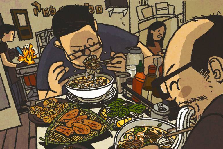 Illustration: Two men devouring bowls of pho with a ferocity that verges on being frightening.