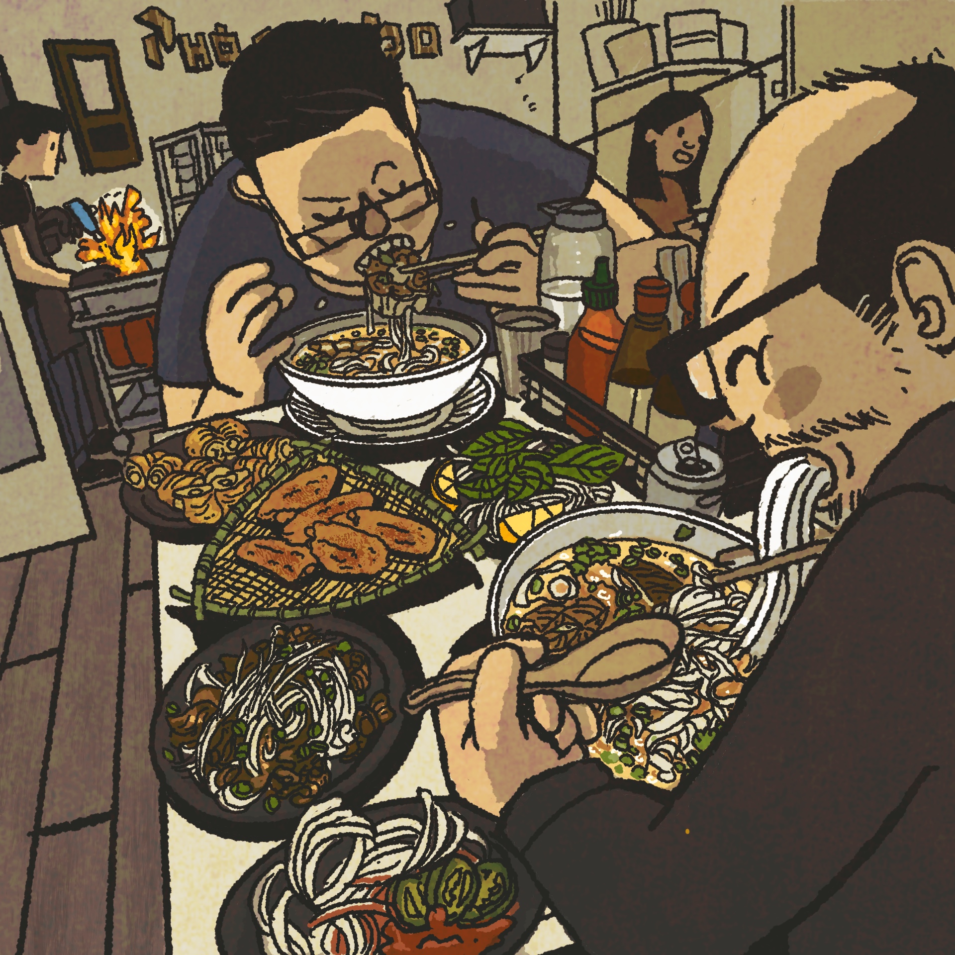 Illustration: Two men devouring bowls of pho with a ferocity that verges on being frightening.