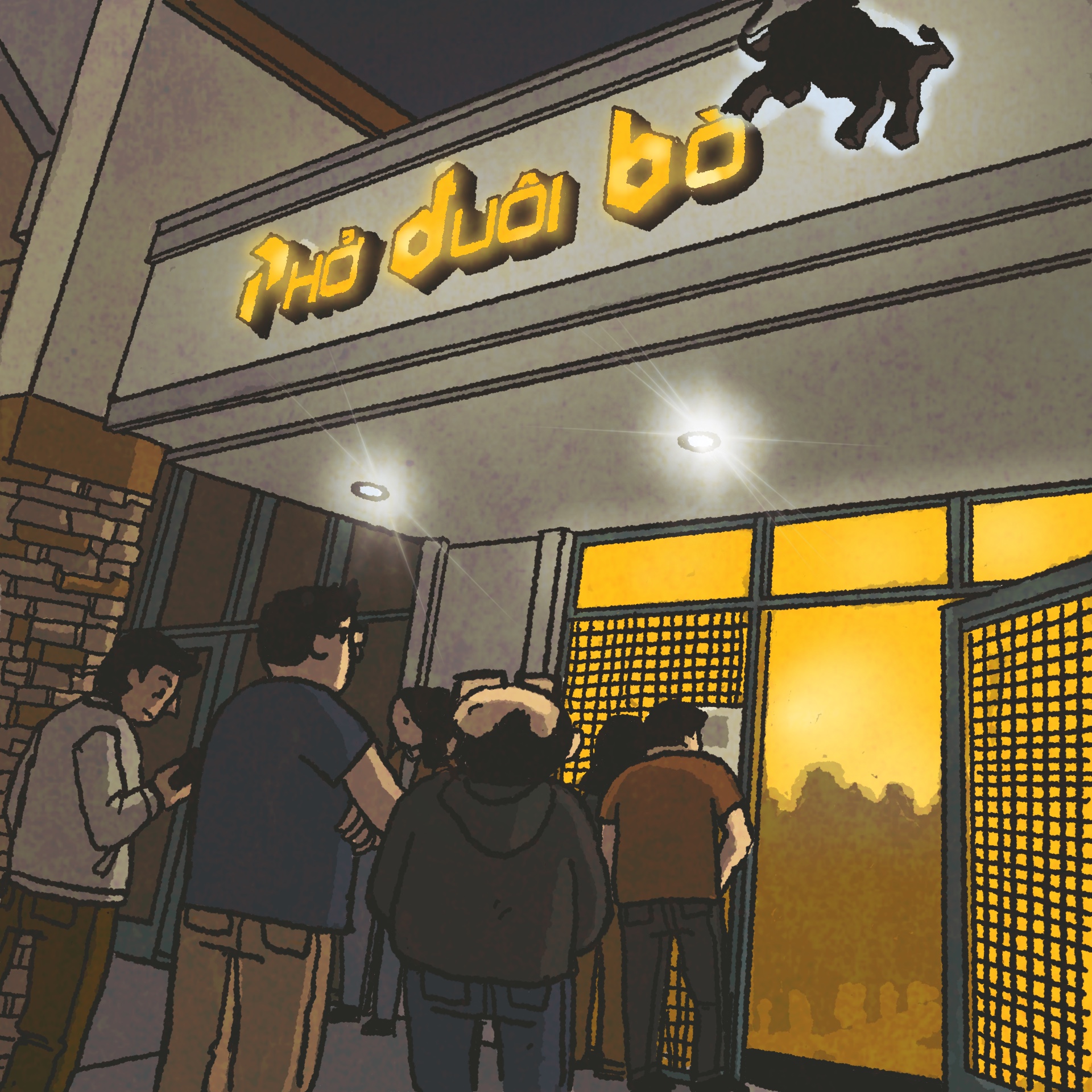 Storefront of a pho restaurant lit up at night. Illustration: The yellow lettering of the sign overhead reads "Pho Duoi Bo."