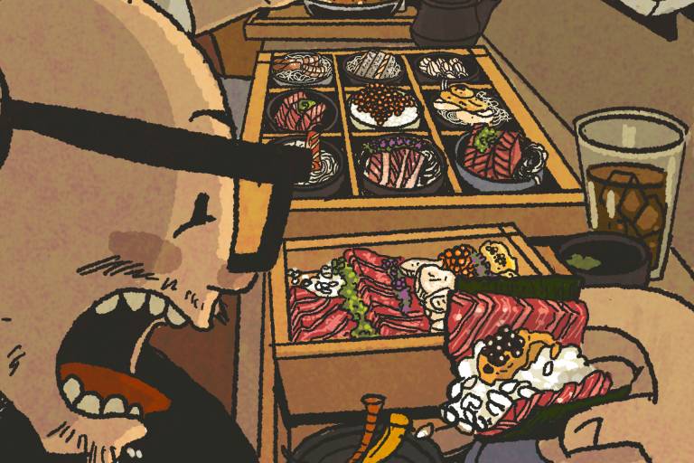 Illustration: Two men seated at a sushi bar devouring large quantities of sashimi served in elegant wooden boxes.