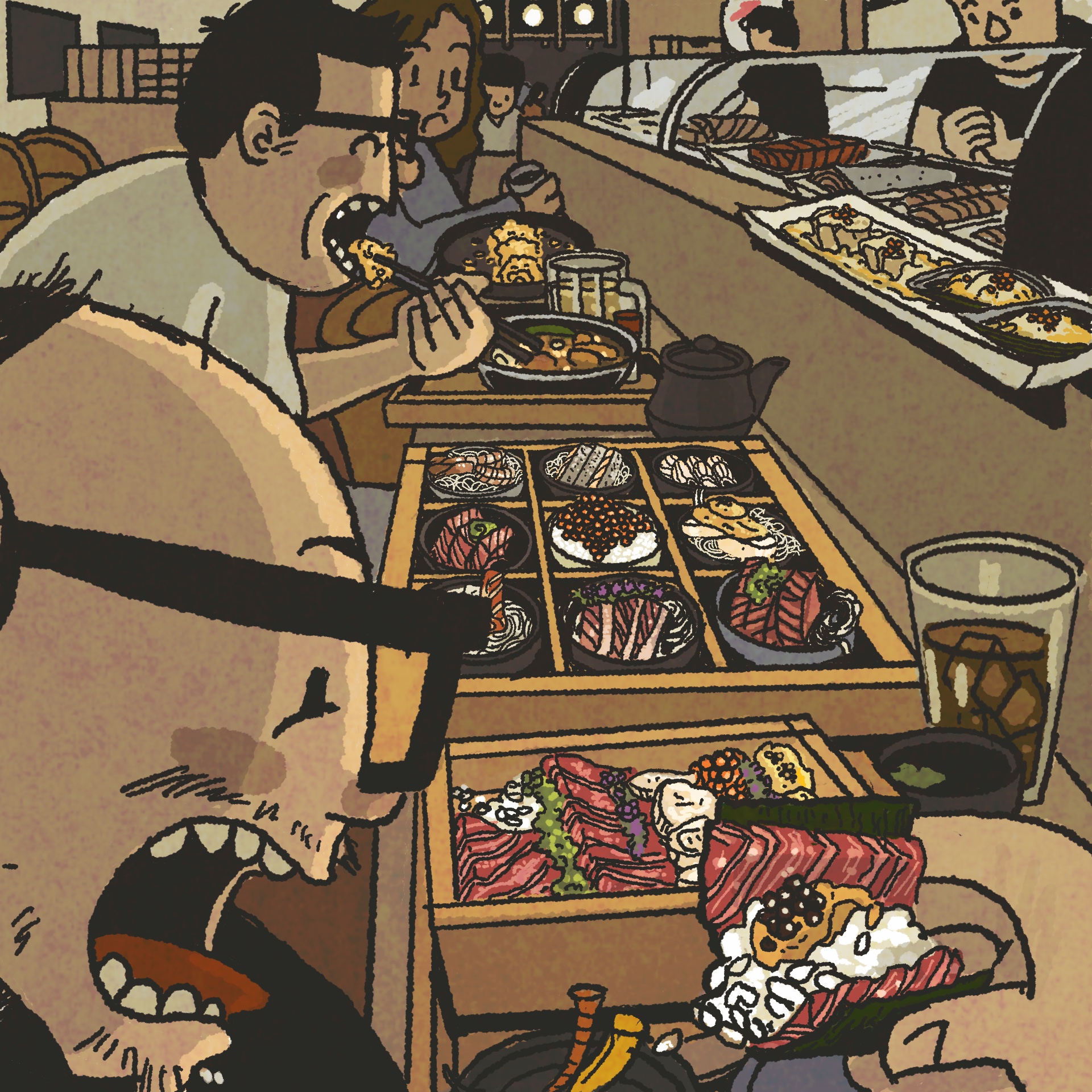 Illustration: Two men seated at a sushi bar devouring large quantities of sashimi served in elegant wooden boxes.