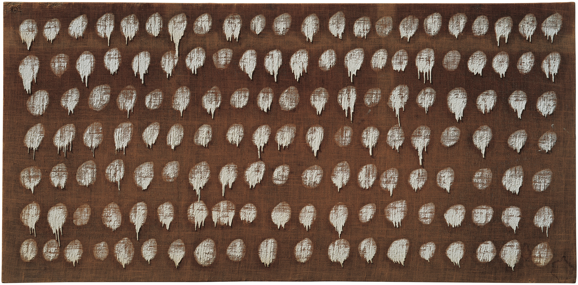 wide abstract painting with white dripping dots in grid across brown canvas