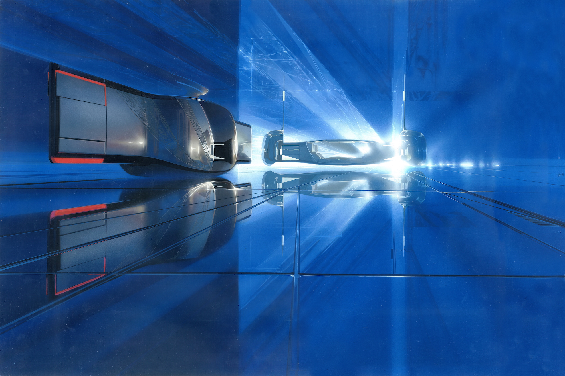 two futuristic vehicles in blue space with plenty of reflections