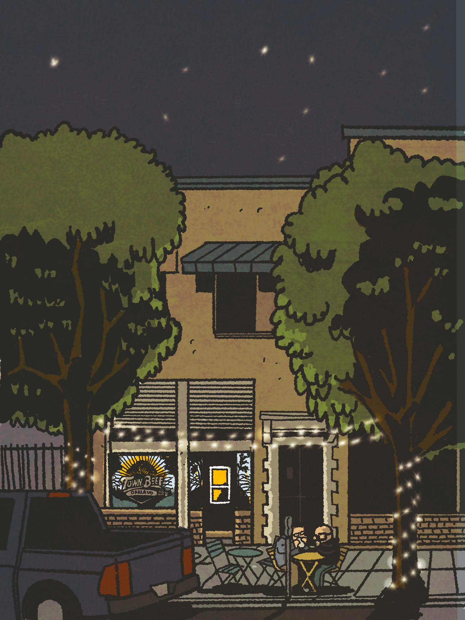 Illustration: Two men eat at a sidewalk table on a dark empty street.