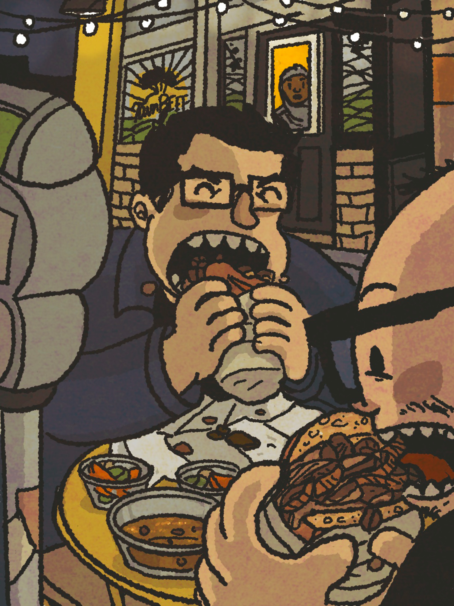 Illustration: two men devour beef sandwiches, holding them in two hands.