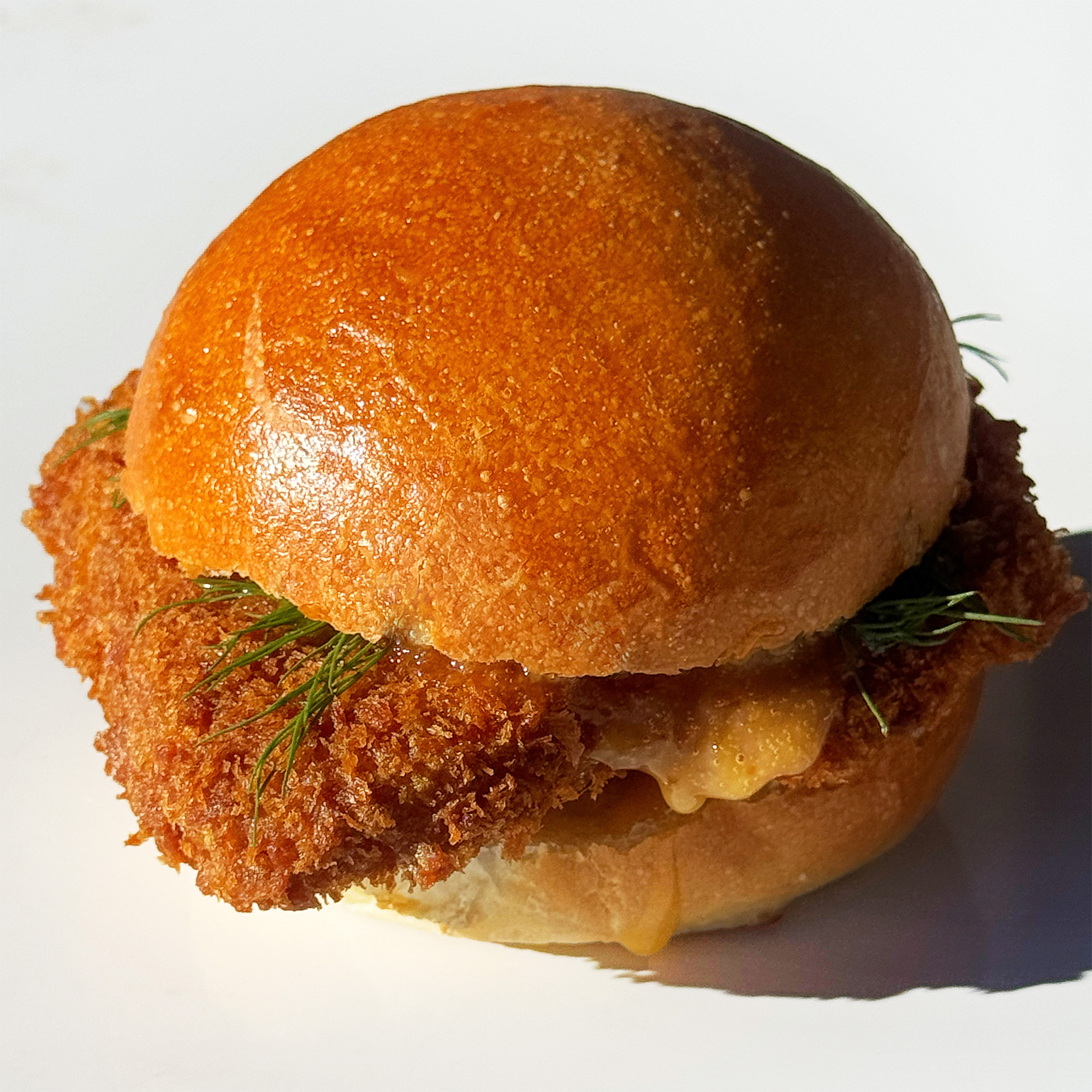 A fried fish sandwich on a soft bun.
