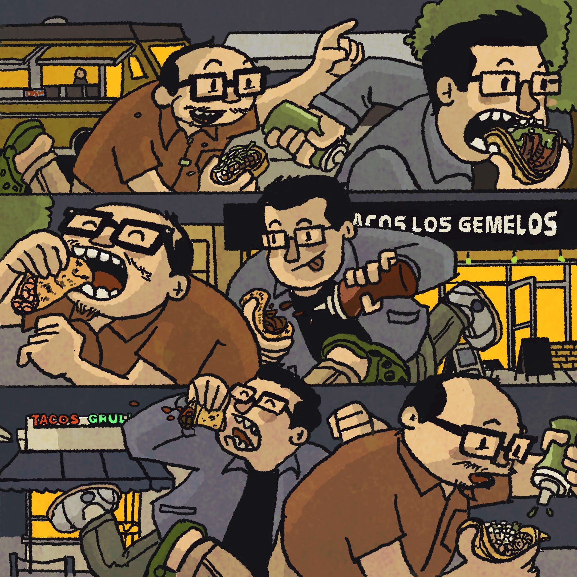 Illustration: a triplicate of images of two men running around while devouring tacos.