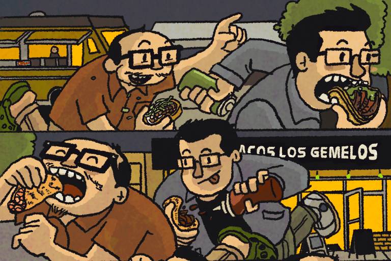 Illustration: pair of images of two men running around while devouring tacos.