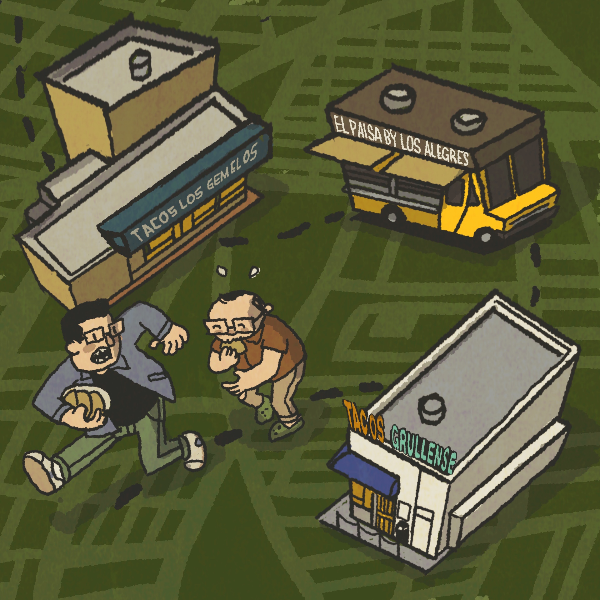 Illustration: two men trace a path as they run from one taco shop to another.