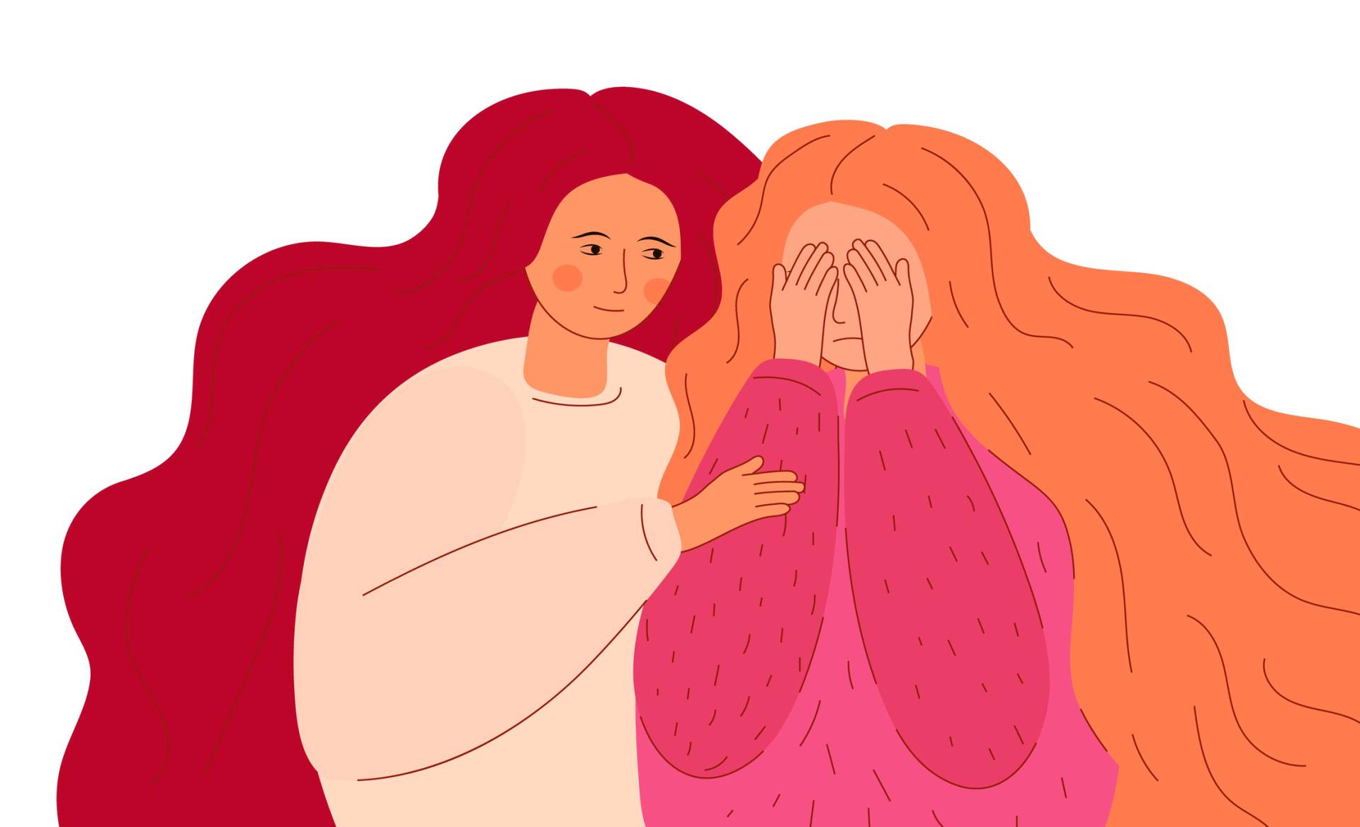 Illustration of a woman crying and another woman comforting her.