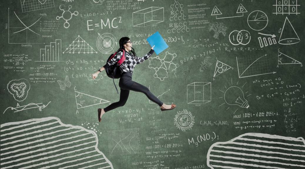 Female student jumping in classroom through gap on the blackboard illustration