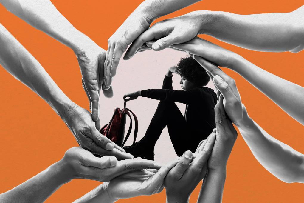 Orange background. Hands and forearms reach into center forming a circle with a lighter orange background. A teen sits in circle with backpack in one hand and other hand on forehead.