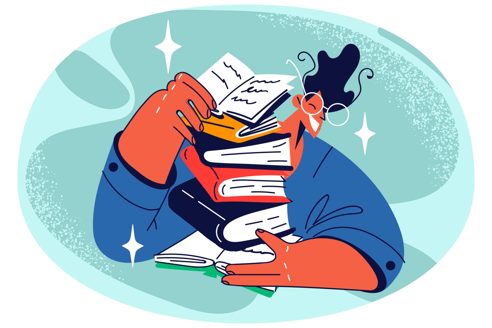 Illustrated smiling man with books pile on teal background