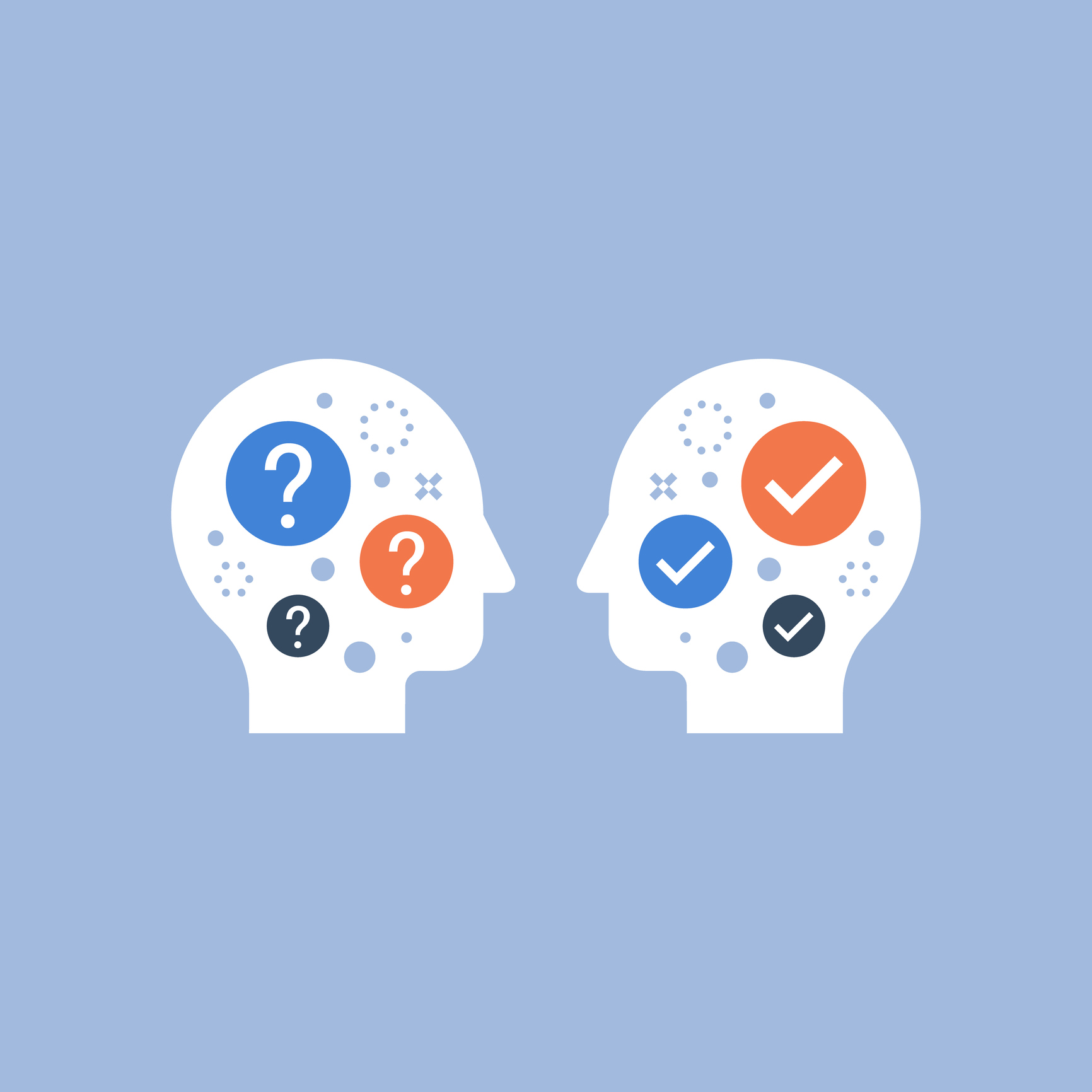 Illustration of two silhouette heads facing each other, one covered with check marks and the other with question marks.