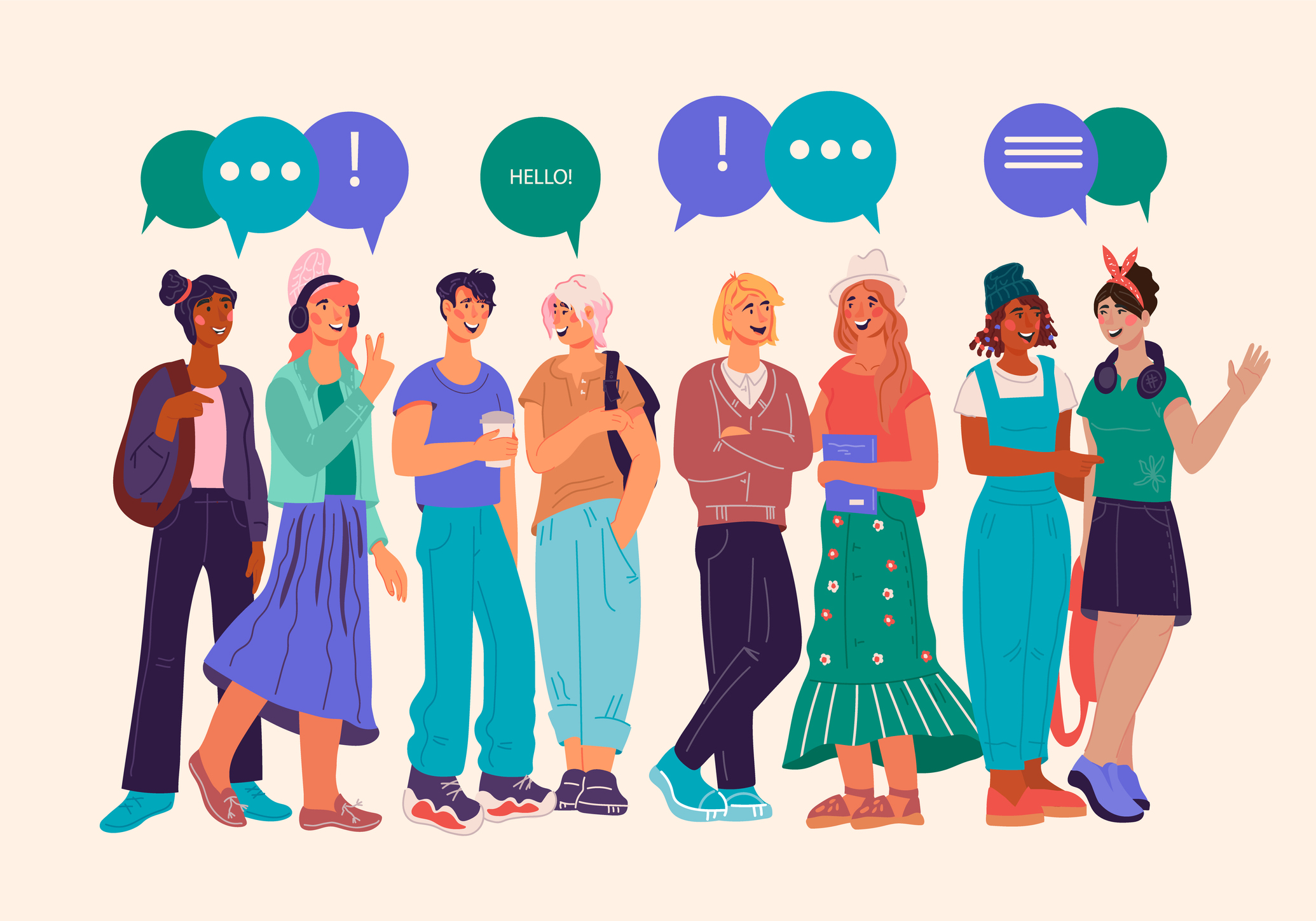 Illustration: Multiracial young people with speech bubbles above. Some speech bubbles contain punctuation.