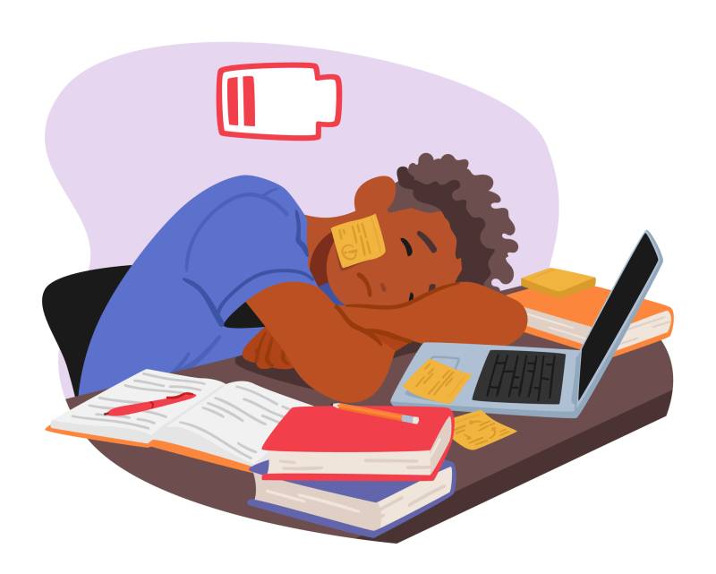 Illustration of Tired, Fatigue Student Boy Resting his Head On a Desk, Laptop Open And Surrounded By Books. A battery symbol with low energy status floats above him on a pink background.