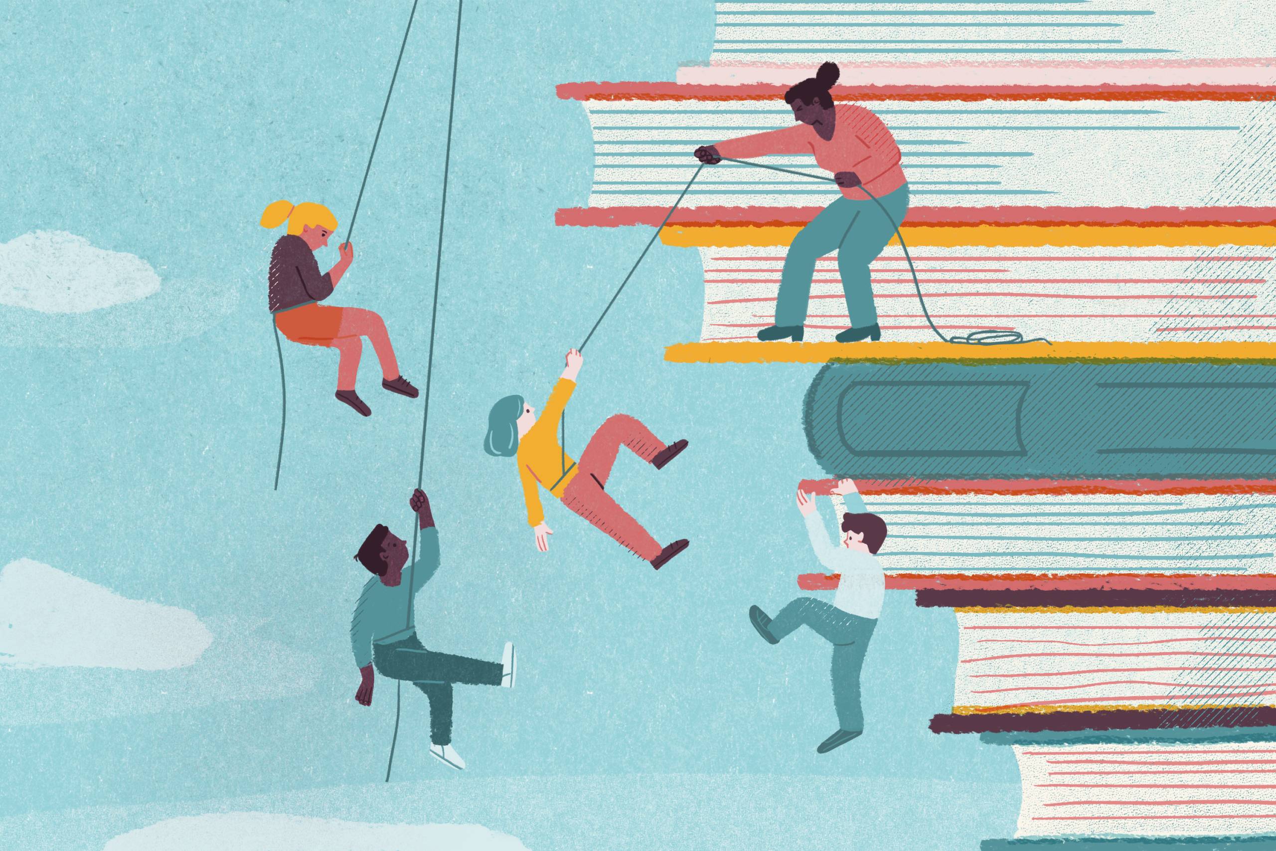 Illustration: Students scale a pile of books, as a teacher helps them up with ropes.