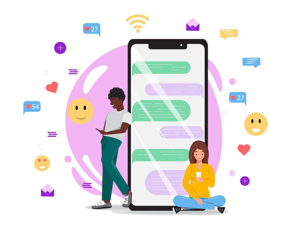 People next to a big smartphone while using smartphones in their hands. Social media elements and emoji icons on the background.