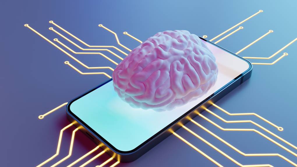 A brain sitting on a smart phone with a lit up screen. Lines reach on from phone against a blue background.