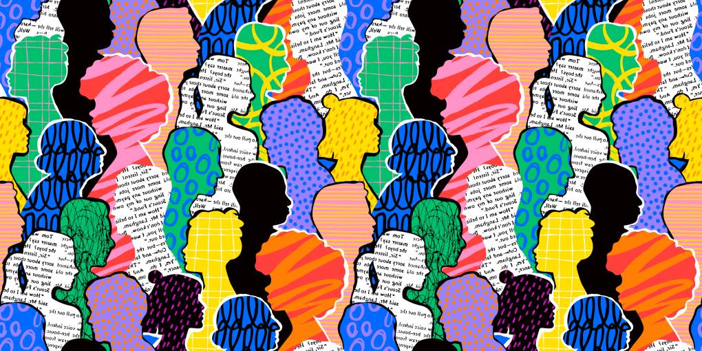 Colorful diverse people collage art pattern.