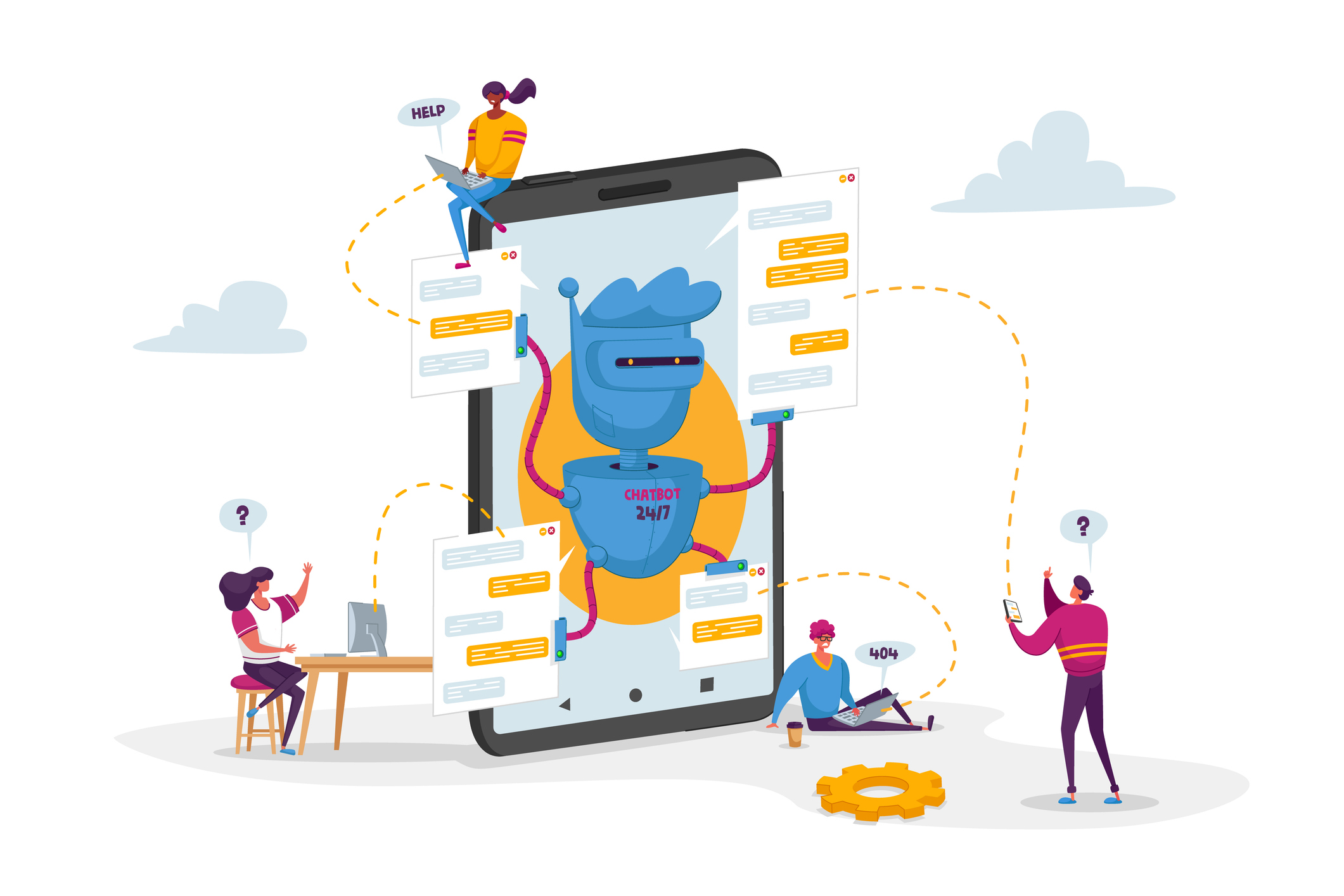 illustration of a smartphone with a robot on the screen. Small humans sit and stand near the phone sending text bubbles to the robot.