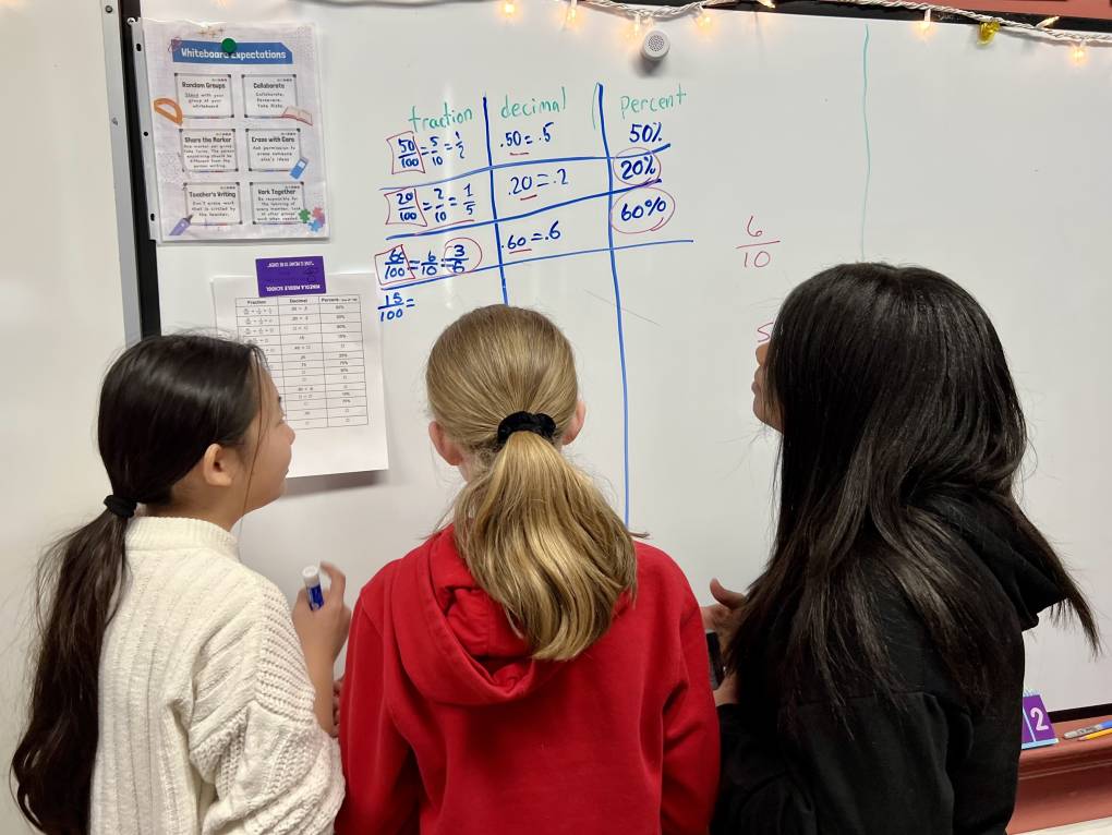 Three middle school girls stand facing a whiteboard with rows of number conversions written on it.