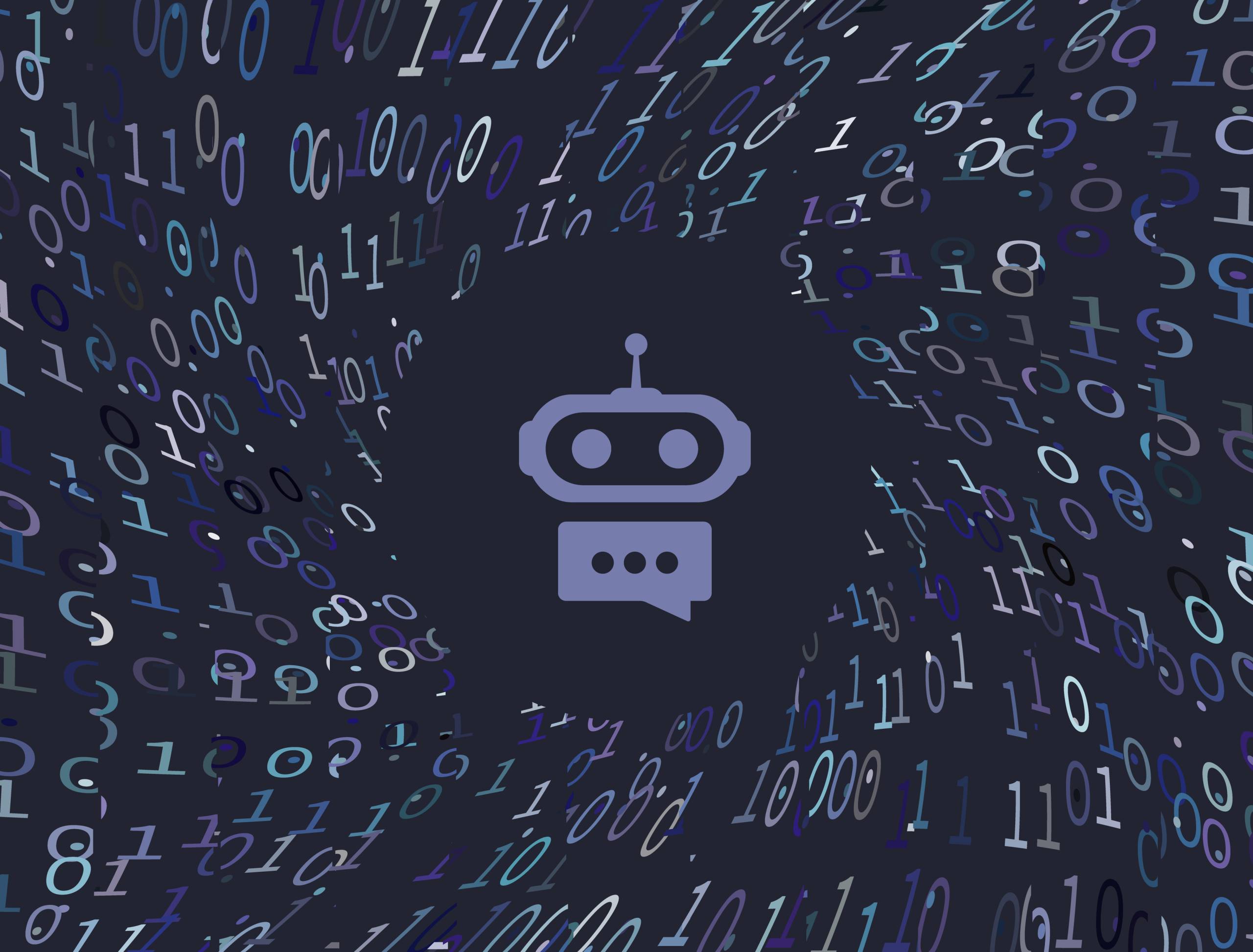 Purple chat bot on a black background surrounded by 0s and 1s