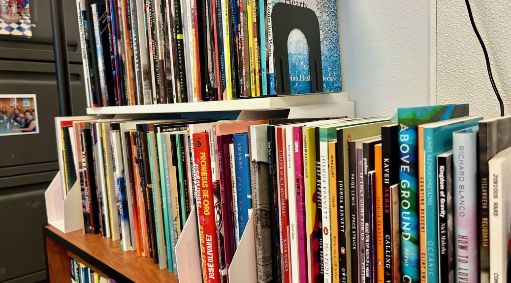 two bookshelves filled with books against a wall