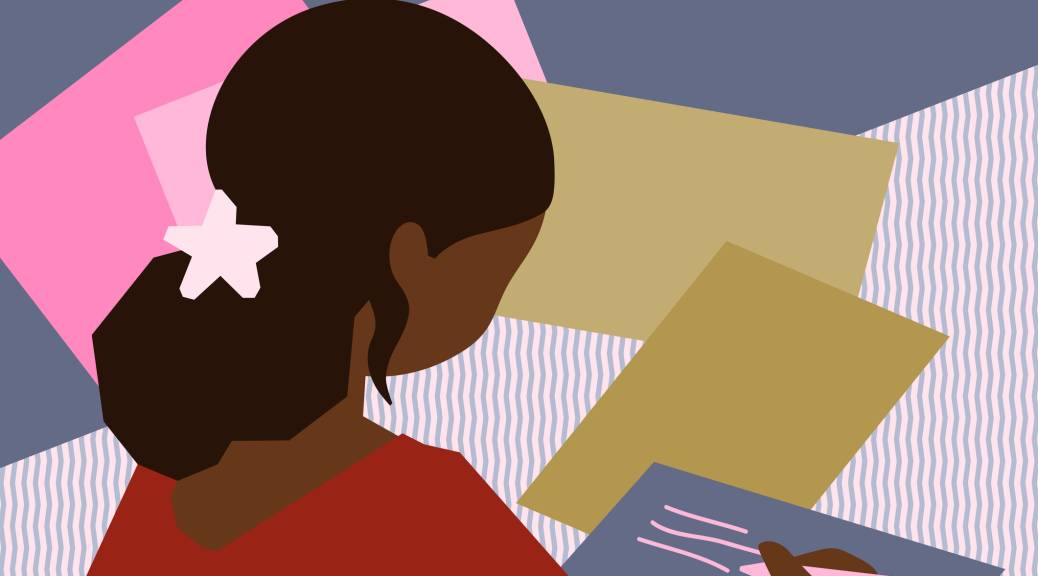 illustration of a young Black girl shown from behind, sitting at a desk writing on paper