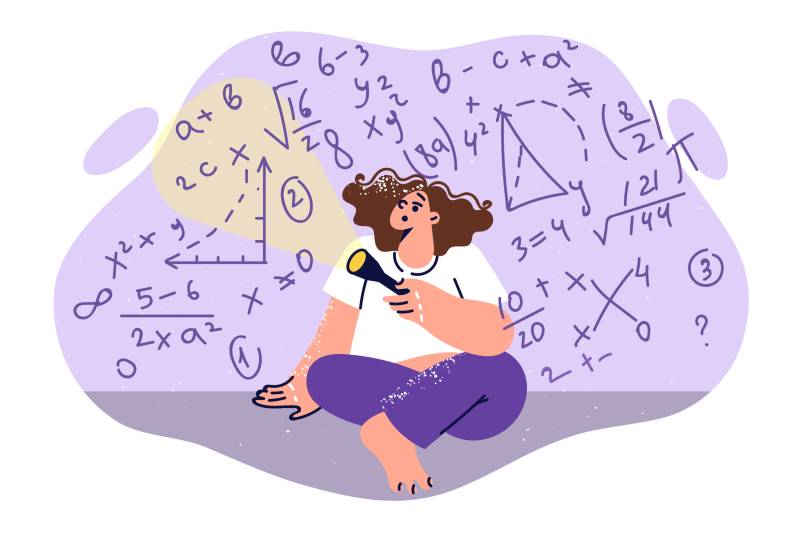 illustrated girl shines a flashlight on math formulas on a purple background