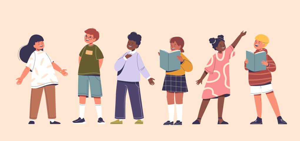 Cheerful Group Of Diverse Children talking and reading.