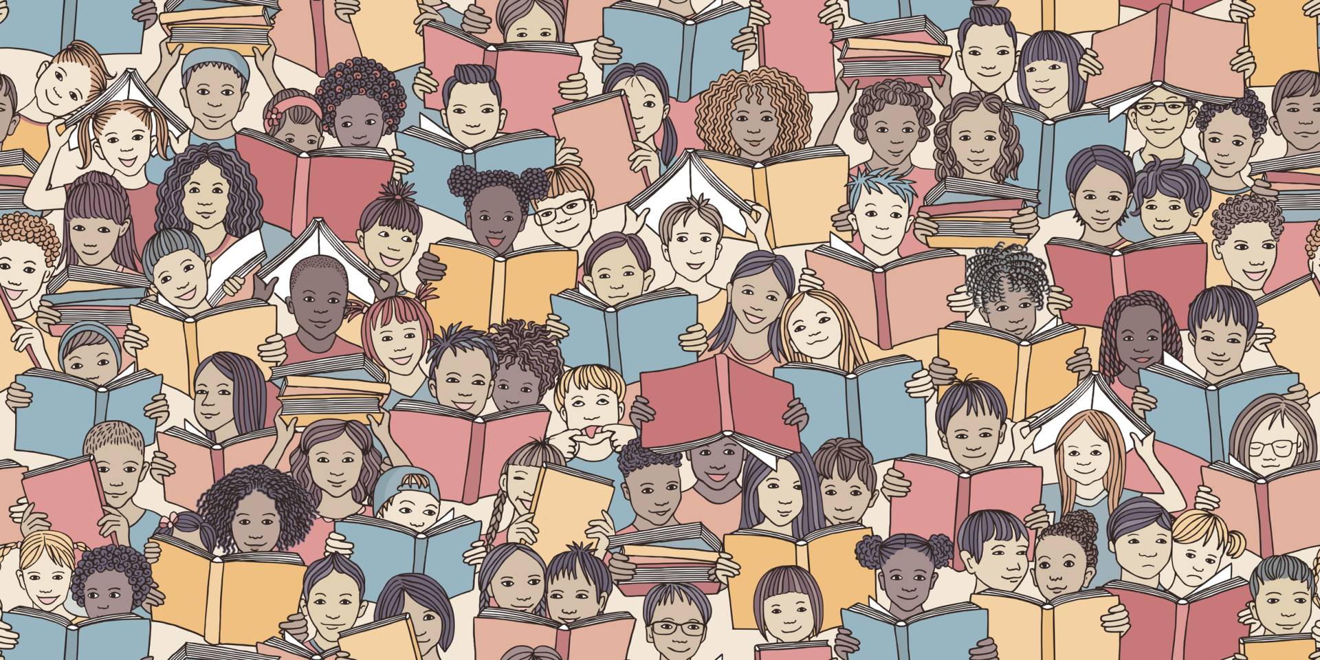 Children reading colorful books, "back to school" vector background with diverse school kids
