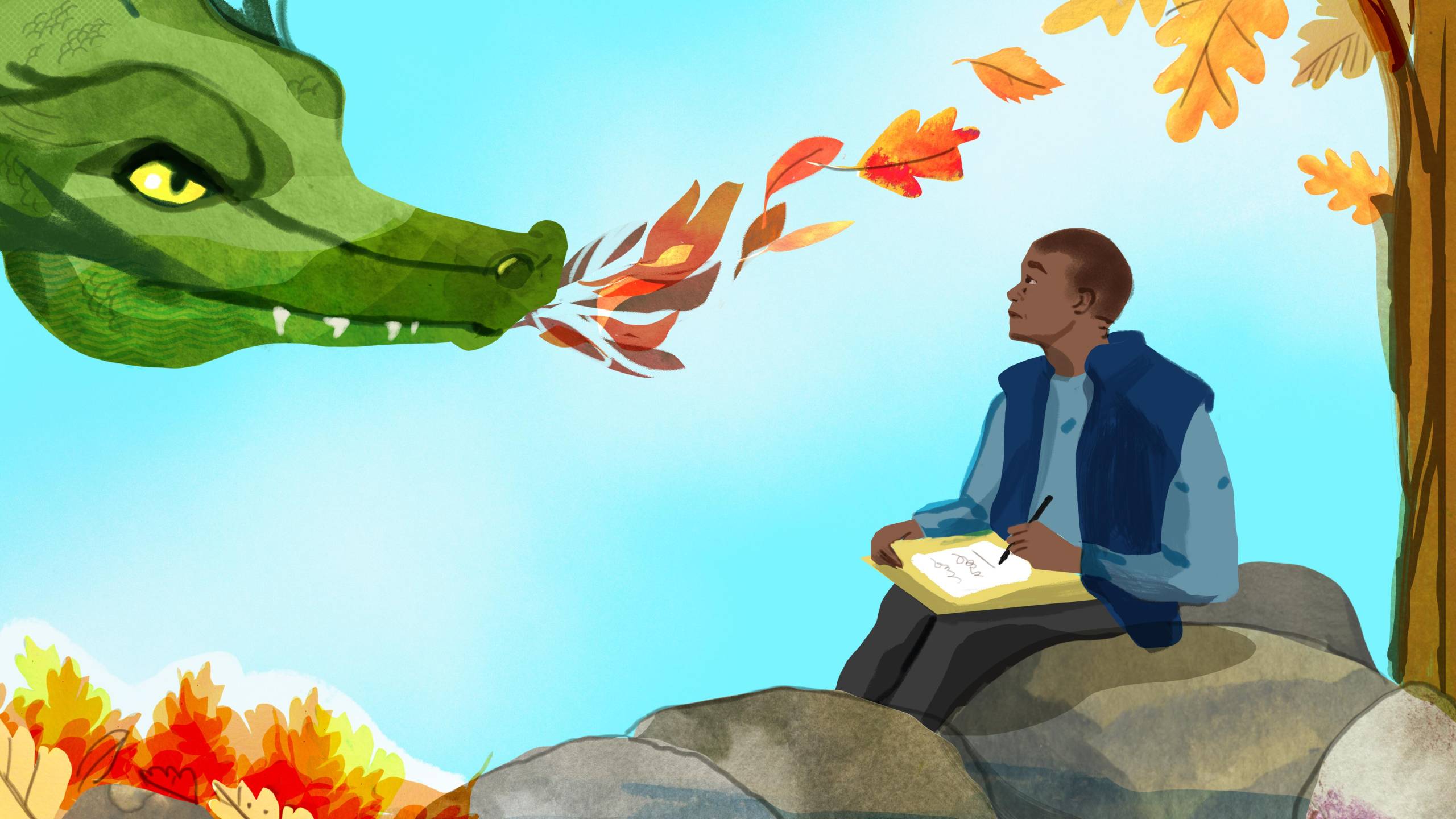 Student looking calmly at a dragon breathing fire that turns into leaves