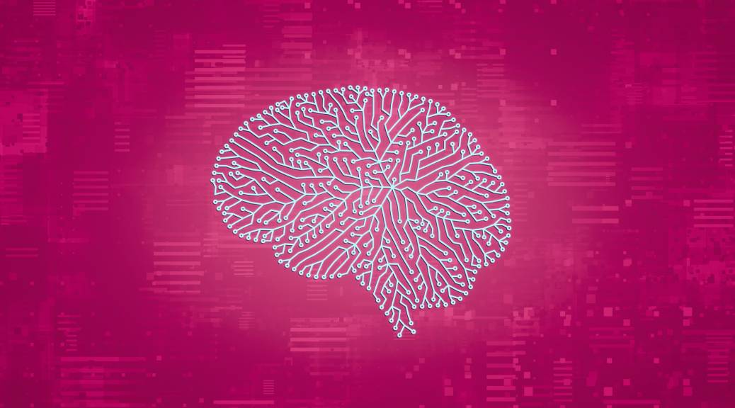 A brain-shaped integrated circuit on a digital background