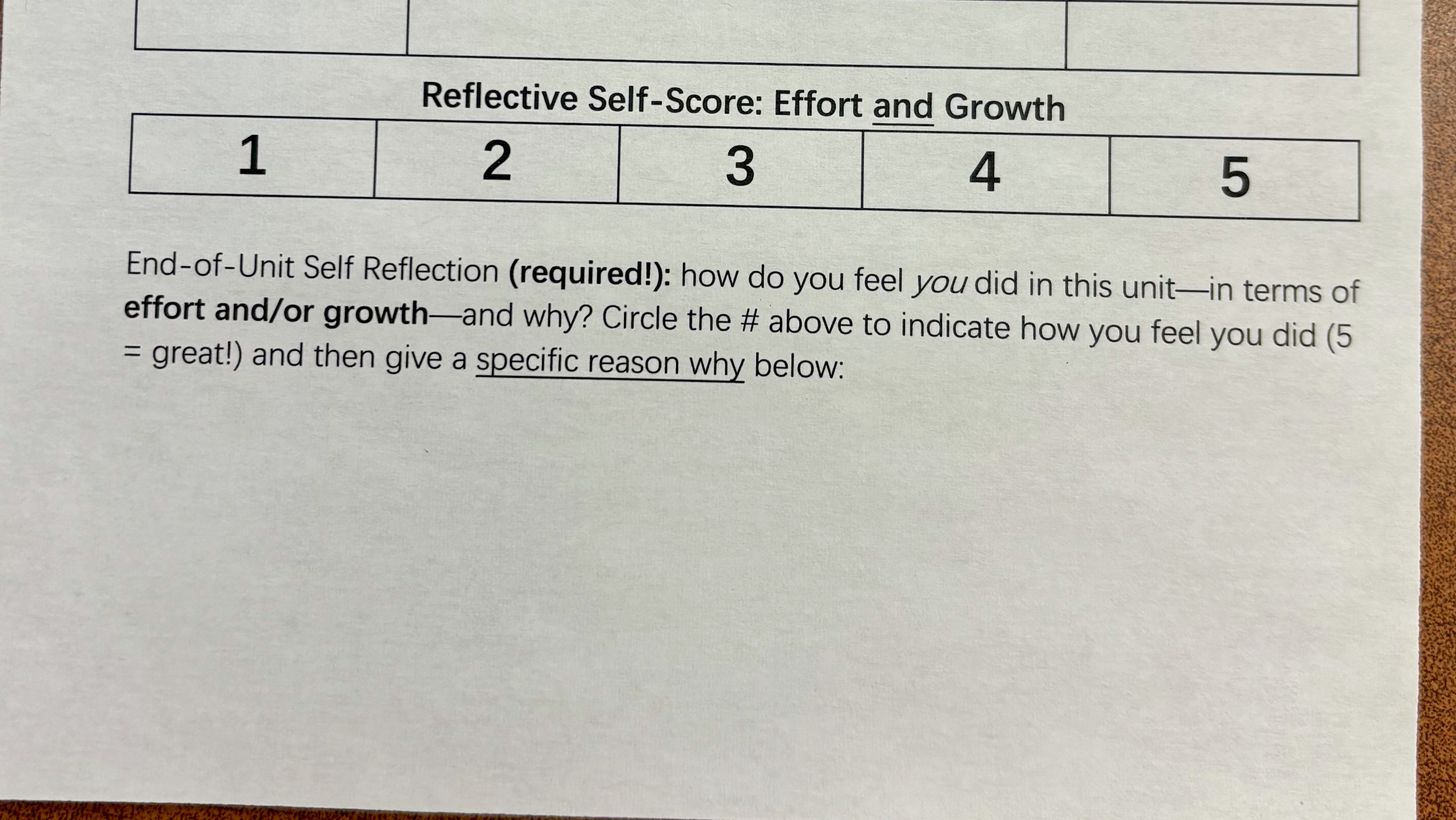 A self-assessment that students complete at the bottom of their mission, showing a scale from one to five.