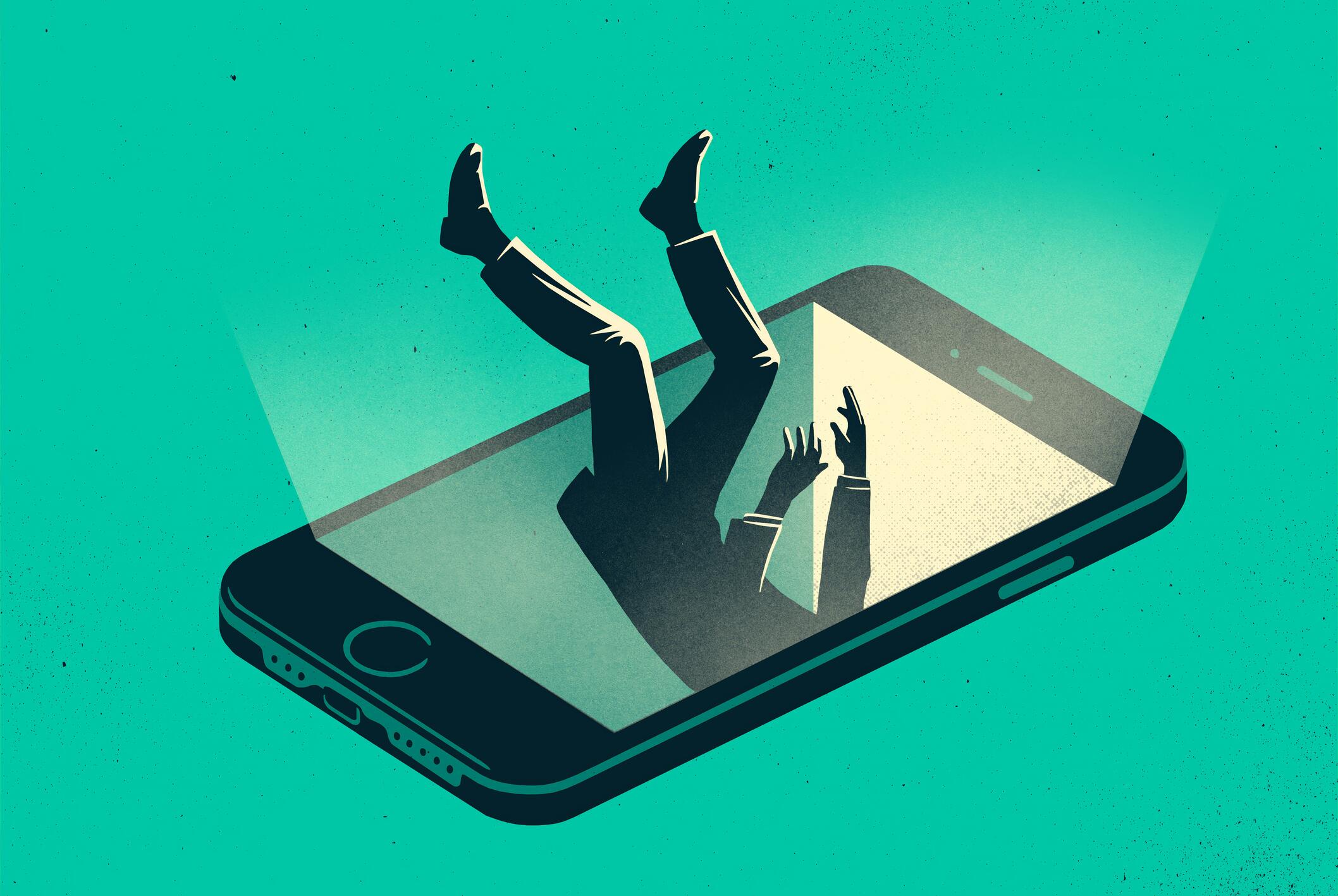 Illustration of a person falling into their smart phone