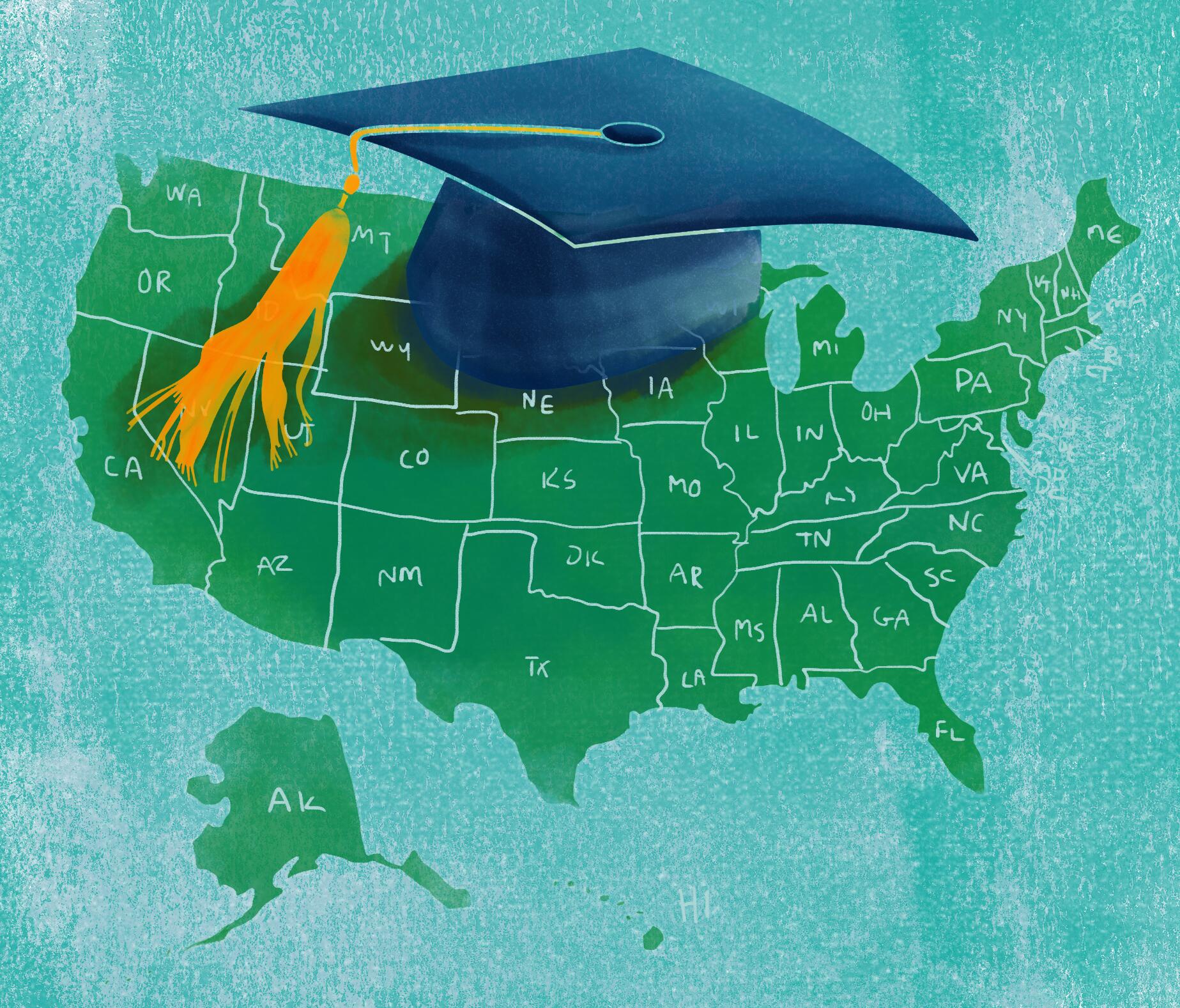 Illustration of a graduation cap over a map of the United States