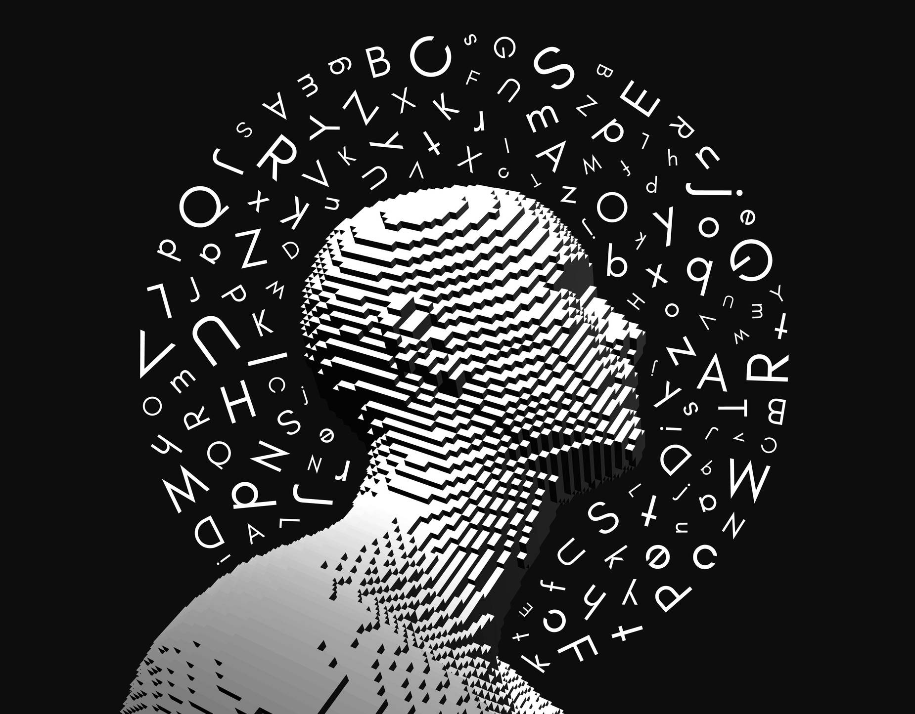 Illustration of a man's profile with a halo of letters
