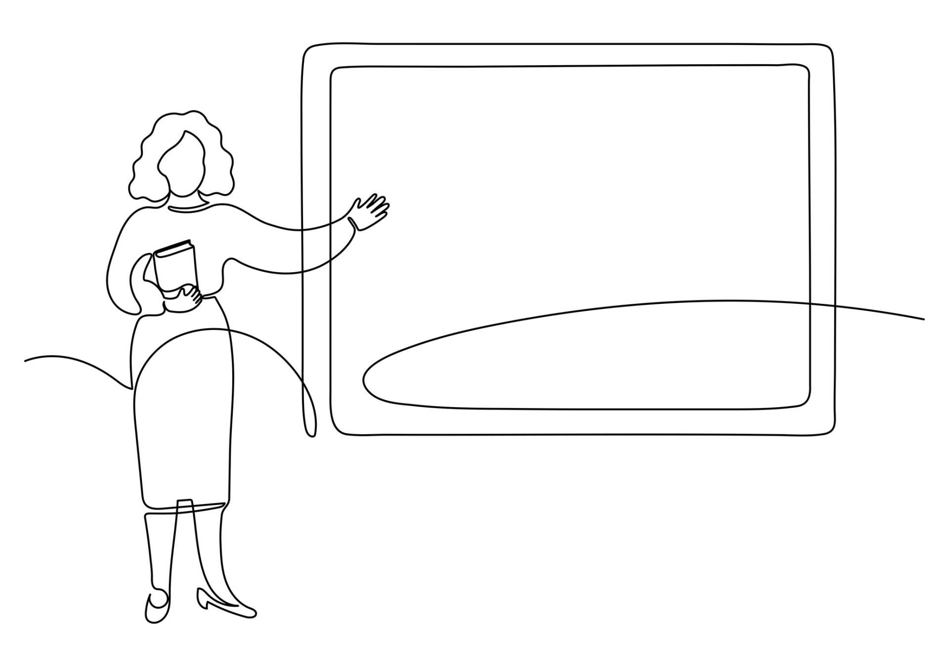Teacher with book pointing with an open hand on blackboard.
